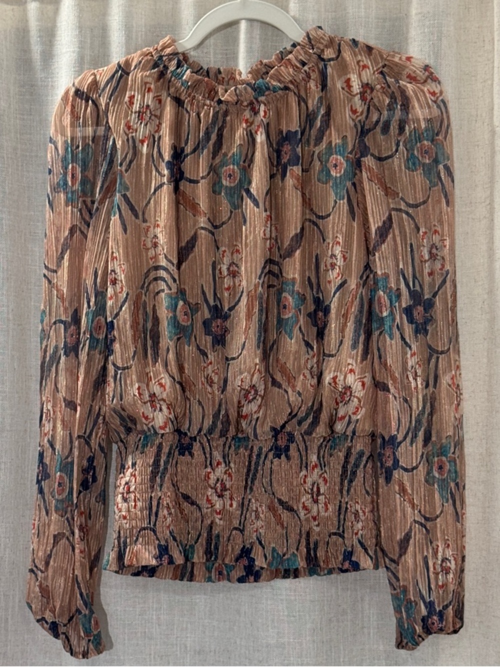 Floral Smocked Waist Long-Sleeve Blouse - Beige, Teal, Navy w/ Fine Gold Threads